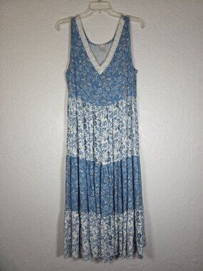 G Unit Crochet Neckline Maxi Dress XL Blue Floral India Boho Tiered